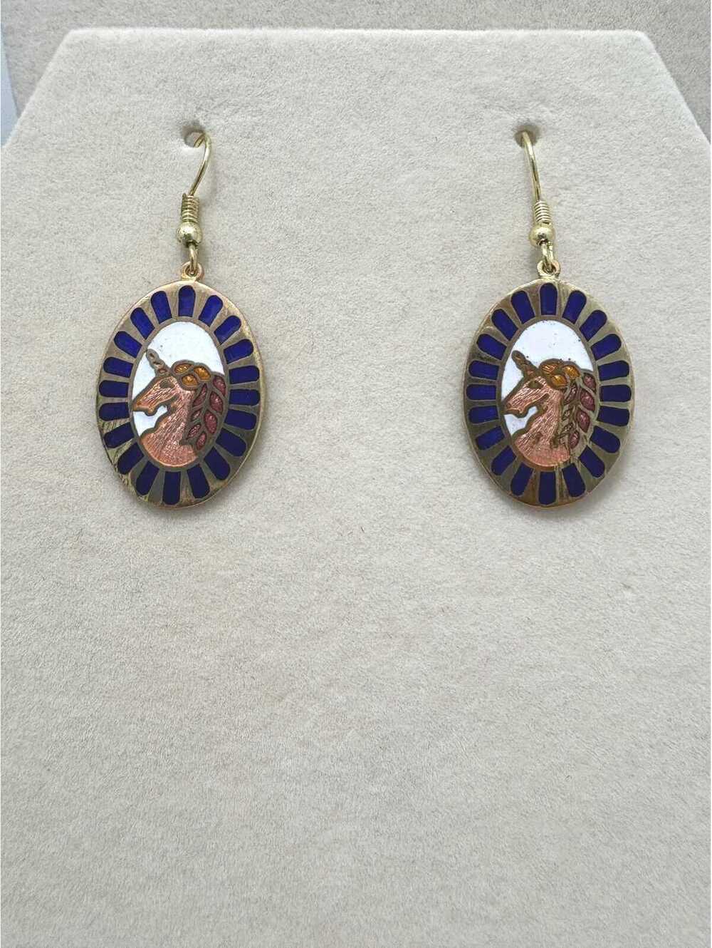 Vintage Cloisonne Gold Tone Unicorn Earrings with Blue and Copper Colored Enamel